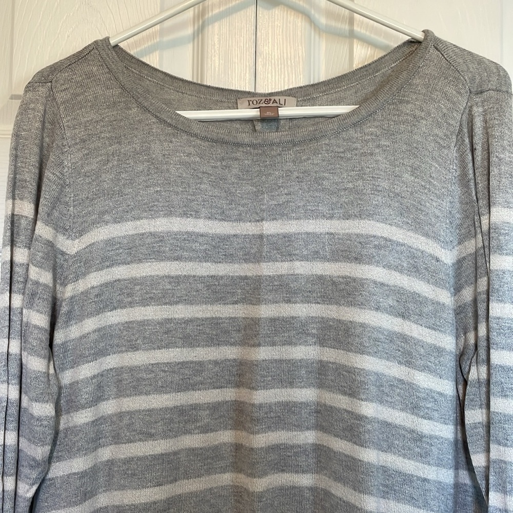 Women’s XL Roz & Ali lightsweater. Gray horizontal strip w/ faux blouse beneath